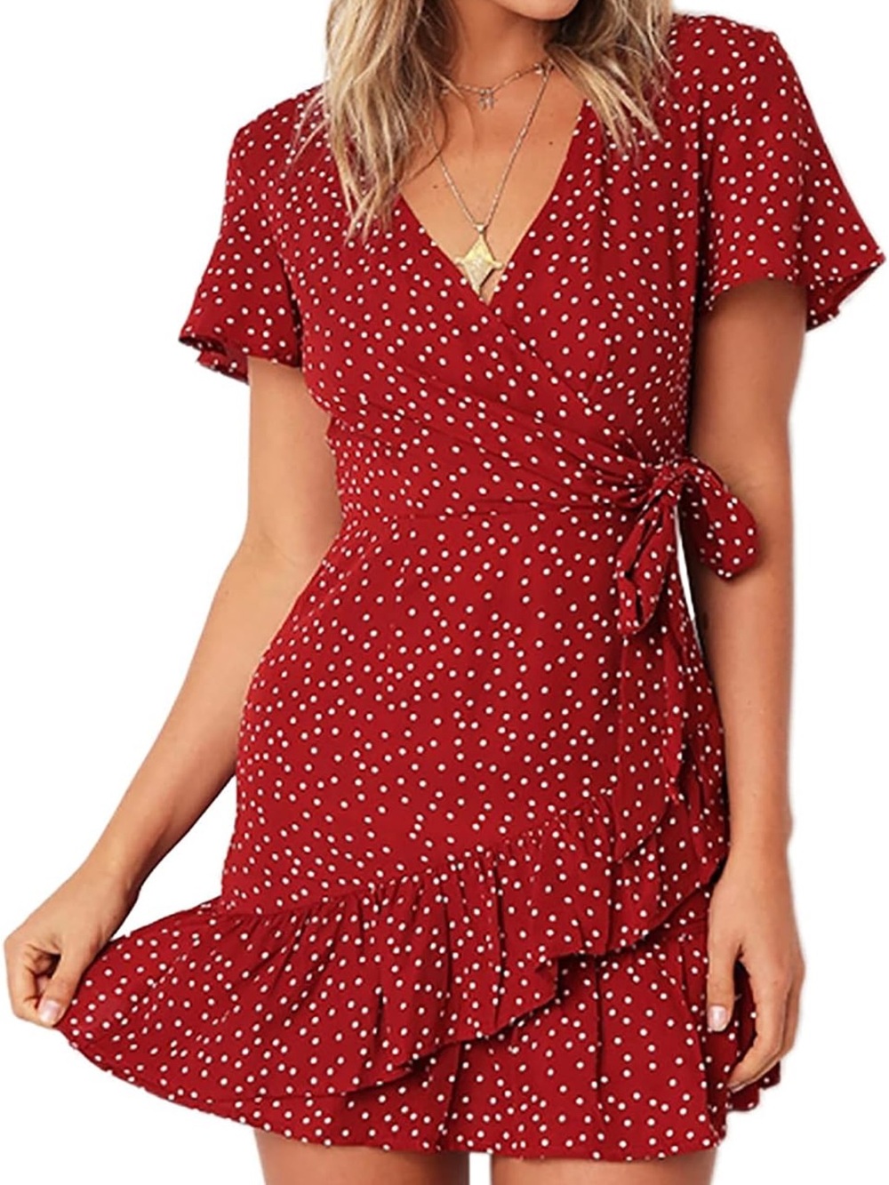 Red Polka Dot Wrap Mini Dress with Ruffle Hem